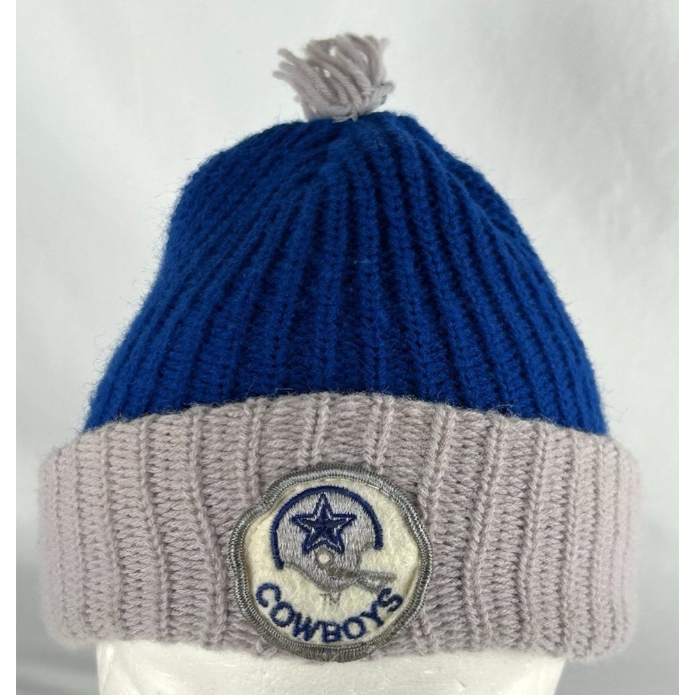 Vintage Dallas Cowboys Beanie Hat Helmet Patch Football Blue Gray Mini Pom Pom